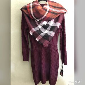 NWT Calvin Klein Burgundy Sweater Dress W/ Scarf